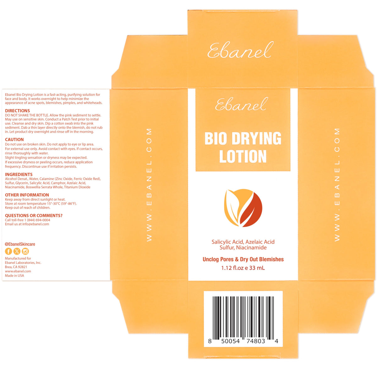 Ebanel Bio Drying Lotion made in USA facility packaging.
