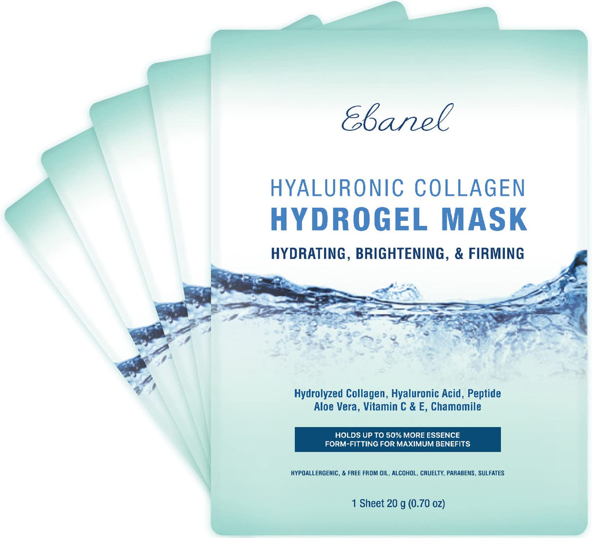 Ebanel hydrogel collagen mask pack showing premium ingredients for deep hydration.