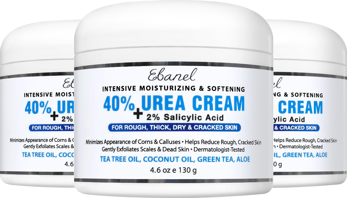 Ebanel Urea 40% foot cream bottle provides intense hydration for dry, cracked heels.
