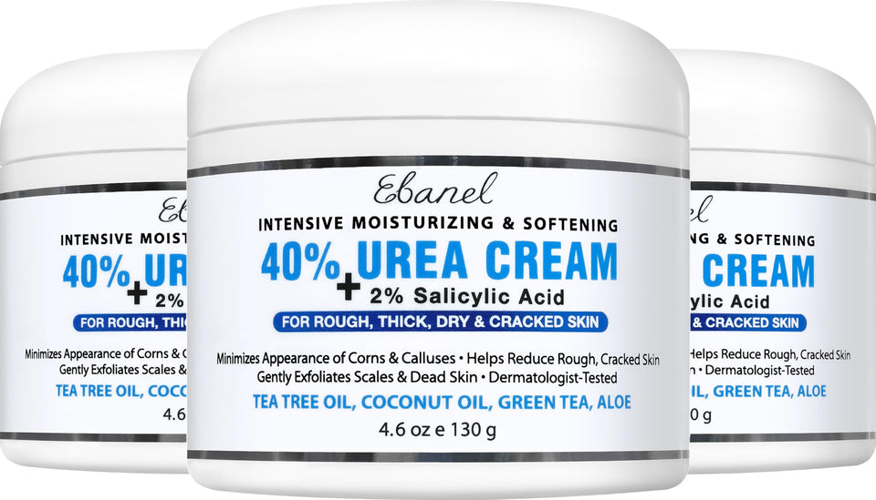 Ebanel Urea 40% foot cream bottle provides intense hydration for dry, cracked heels.