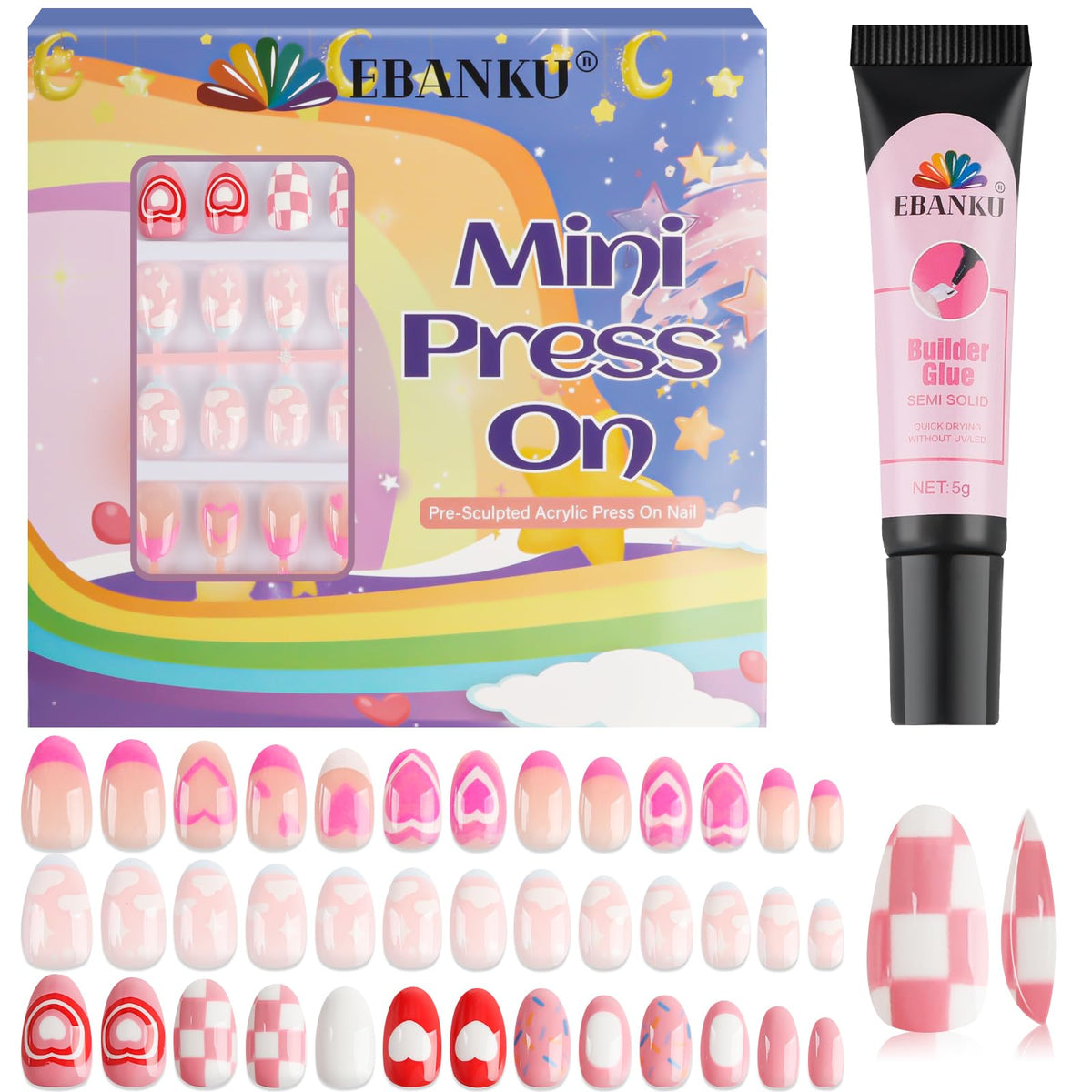 EBANKU kids nails kit showcasing three styles for easy at-home DIY nail art.