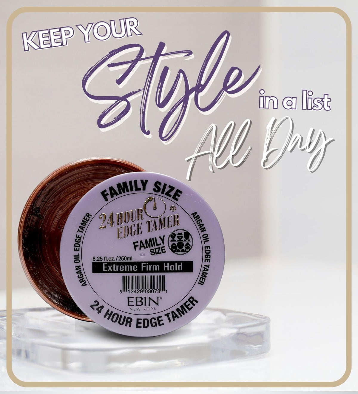 EBIN NEW YORK Edge Tamer glossy finish on hair for polished, frizz-free looks.