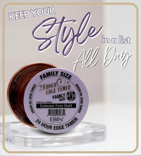 EBIN NEW YORK Edge Tamer glossy finish on hair for polished, frizz-free looks.
