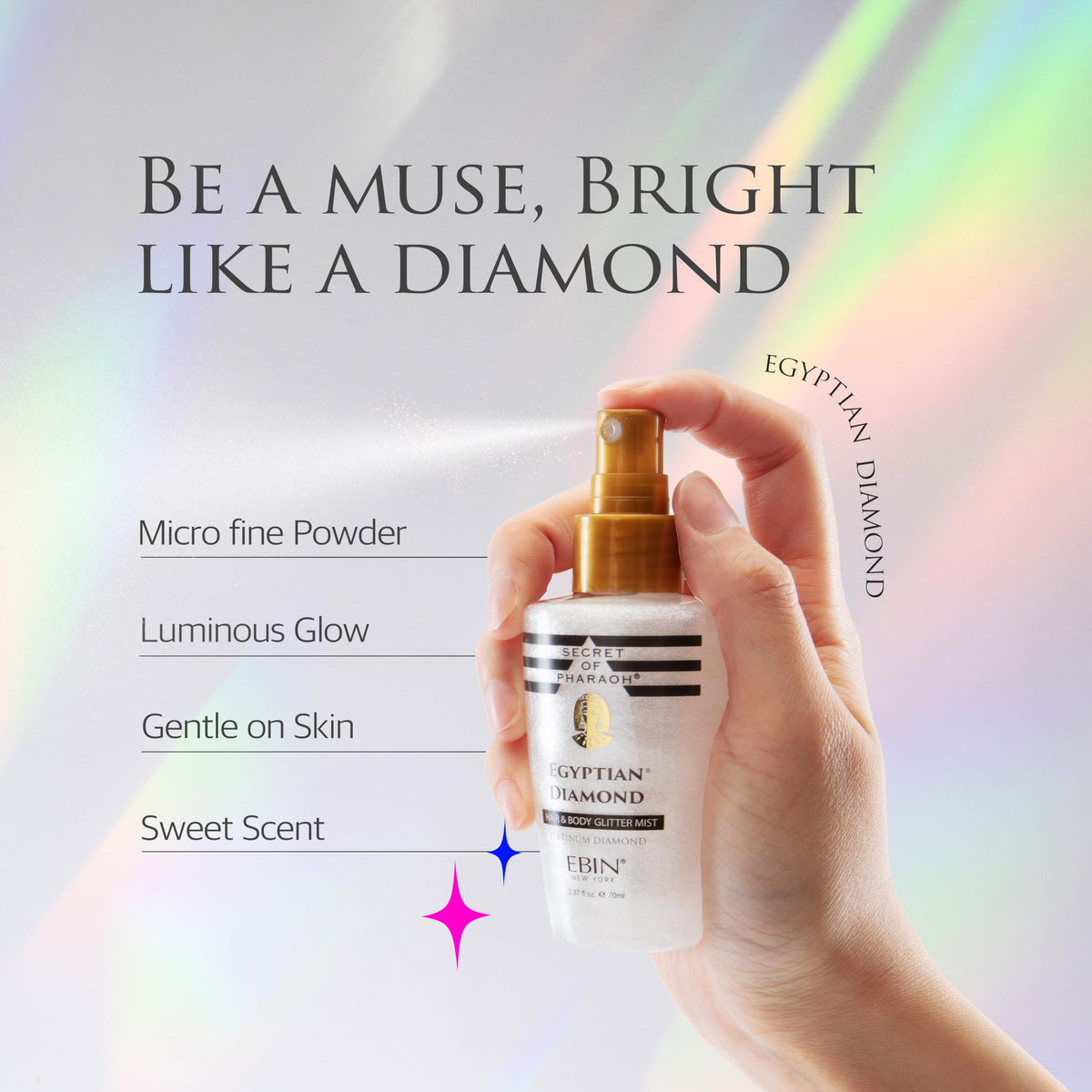 EBIN NEW YORK Egyptian Diamond Glitter Mist Platinum ideal for festivals and events.