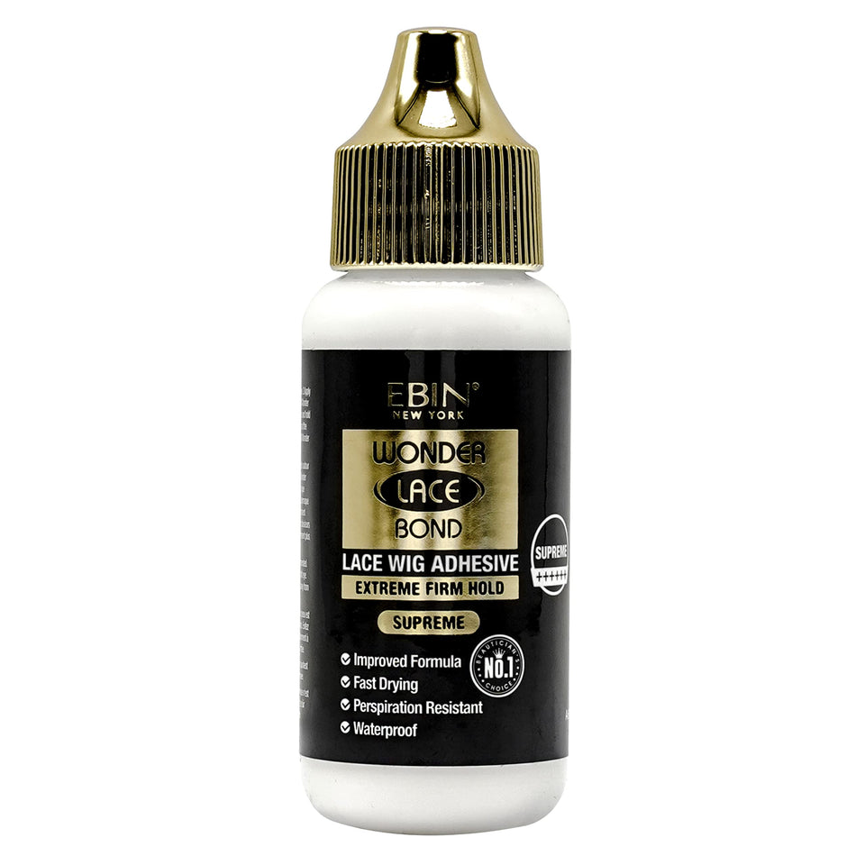 EBIN NEW YORK Wonder Lace Bond Glue bottle demonstrates strong lace wig hold.