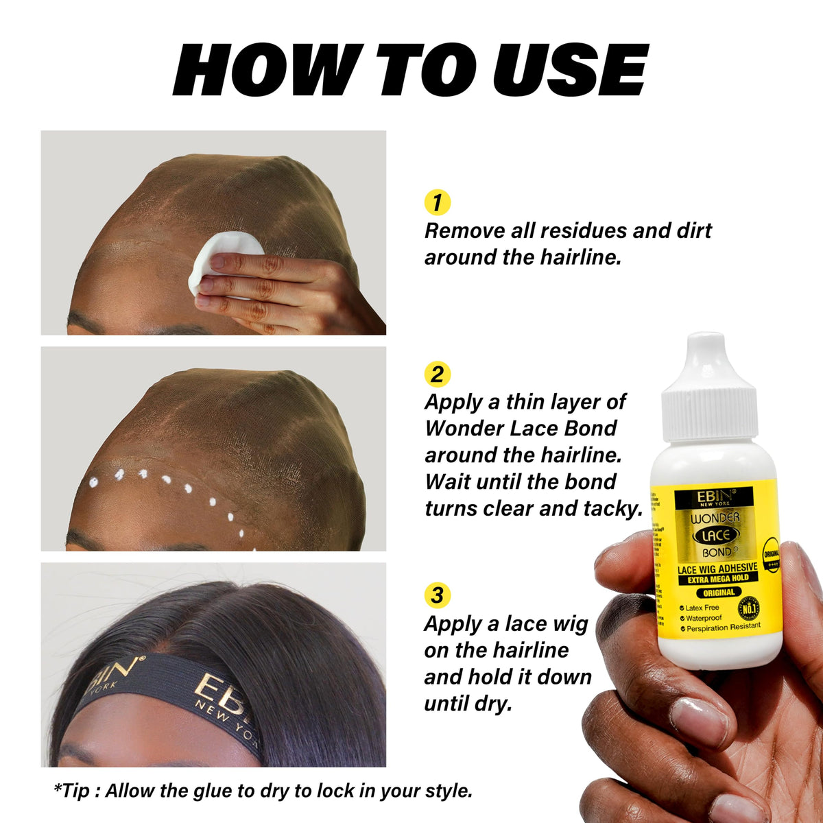 Waterproof and sweat-resistant formula keeps wigs secure in humid conditions.