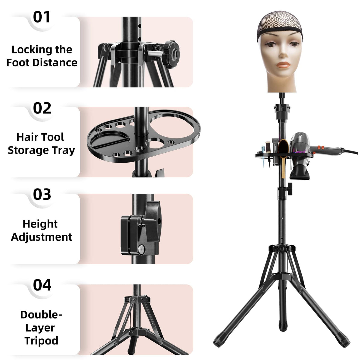 EBLIKI wig head stand tool tray keeps essential tools handy.