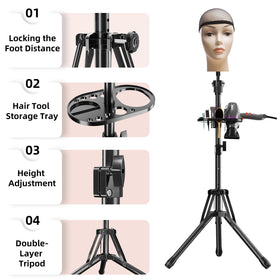 EBLIKI wig head stand tool tray keeps essential tools handy.