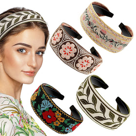 EBOOT boho headband with embroidered floral pattern, wide and comfortable.