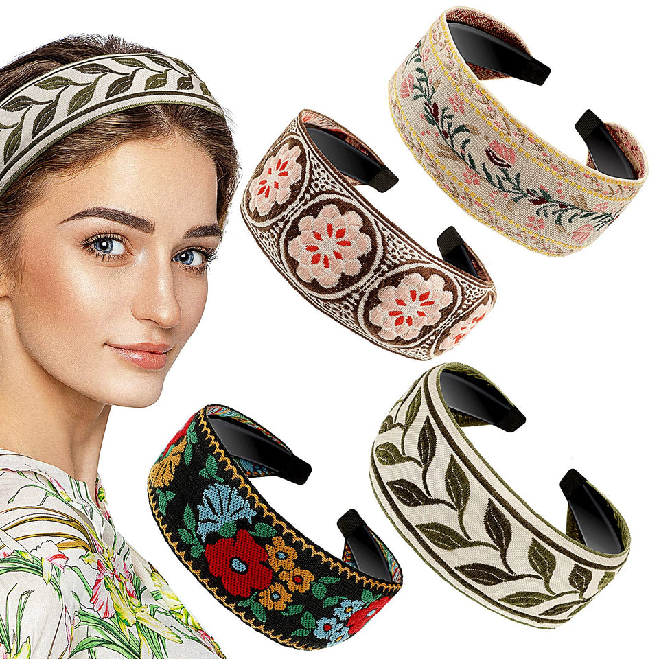 EBOOT boho headband with embroidered floral pattern, wide and comfortable.