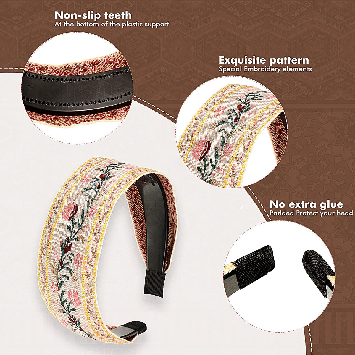 EBOOT embroidered headband made of soft polyester, gentle on the scalp.