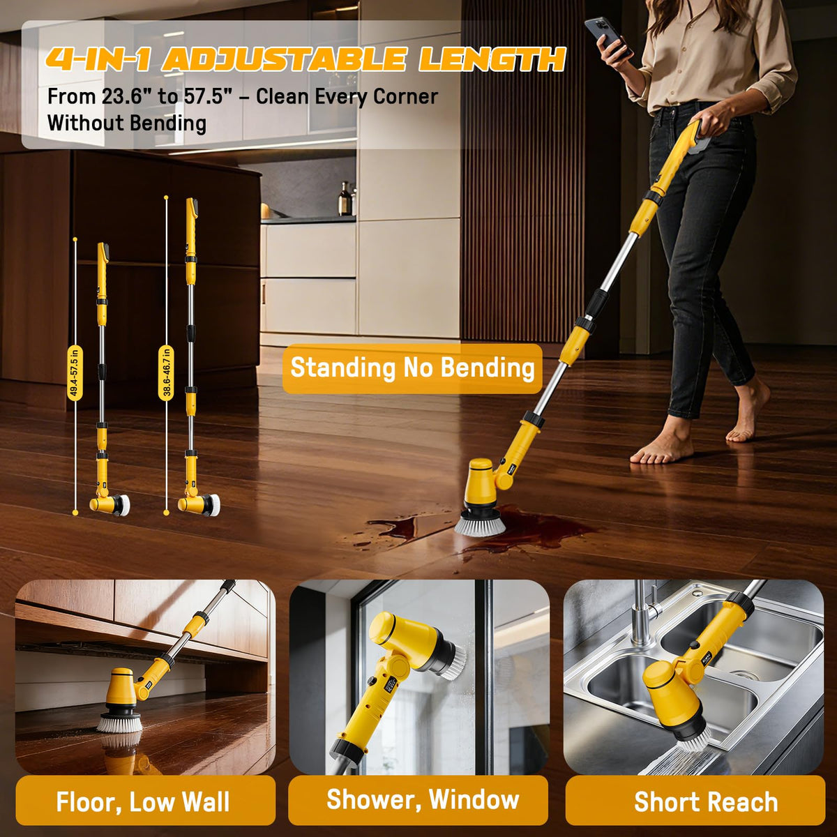 Ecarke dual-speed motor shows gentle versus deep scrubbing options.