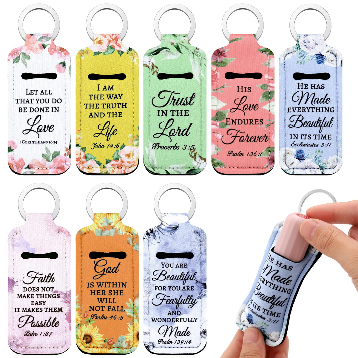 Ecation bible-themed lip balm holder keychain keeps lip balm within reach during events.