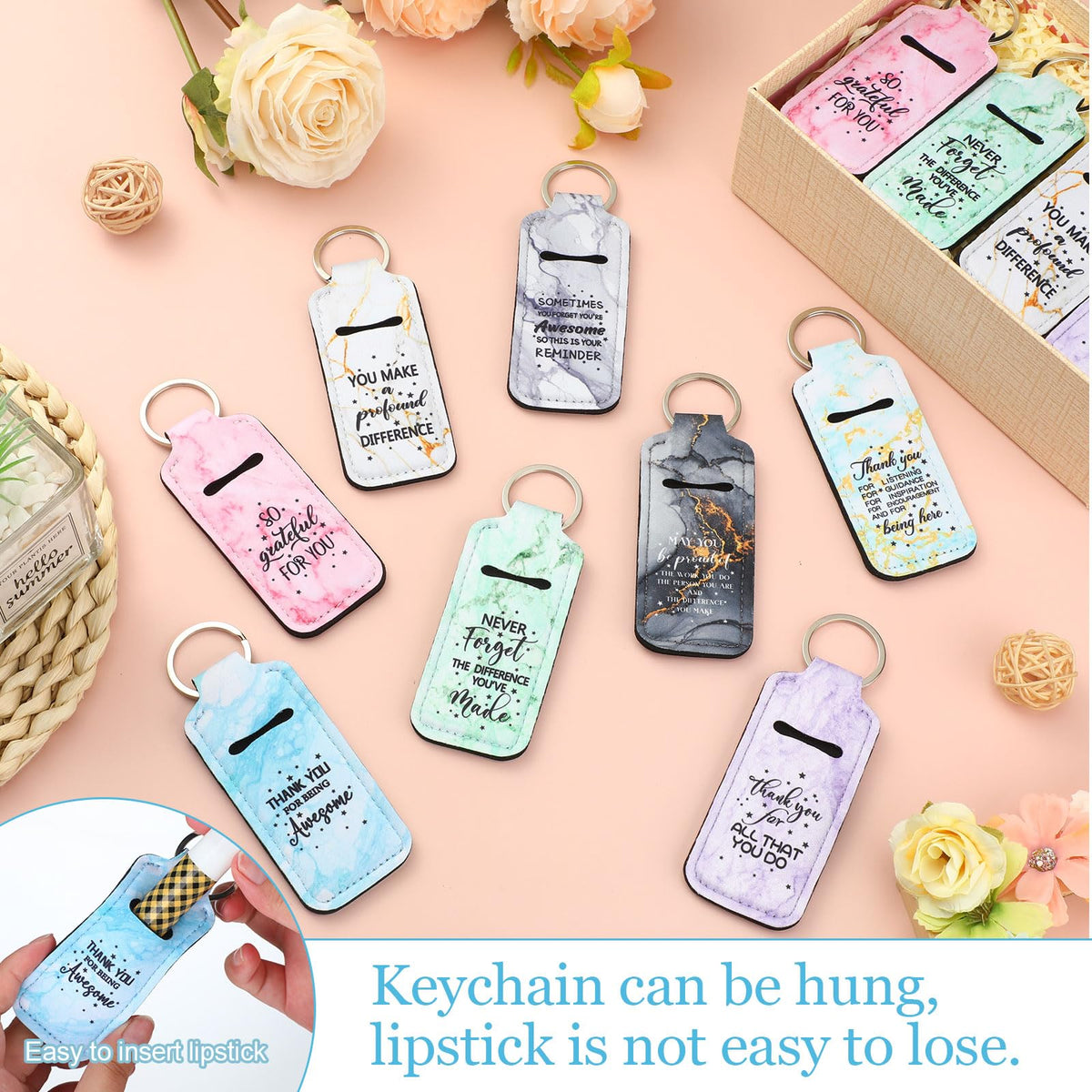 Ecation lipstick holder with inspirational quotes used as a wedding favor display