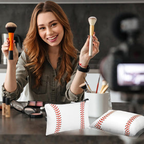 Eccliy baseball canvas makeup bag pattern, vibrant print complements outfits while storing essentials.