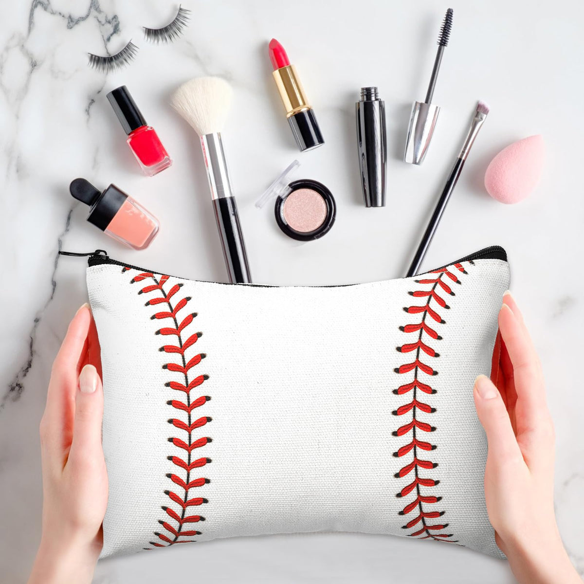Eccliy baseball canvas makeup bag pattern, compact 7x9 inch size fits cosmetics neatly.