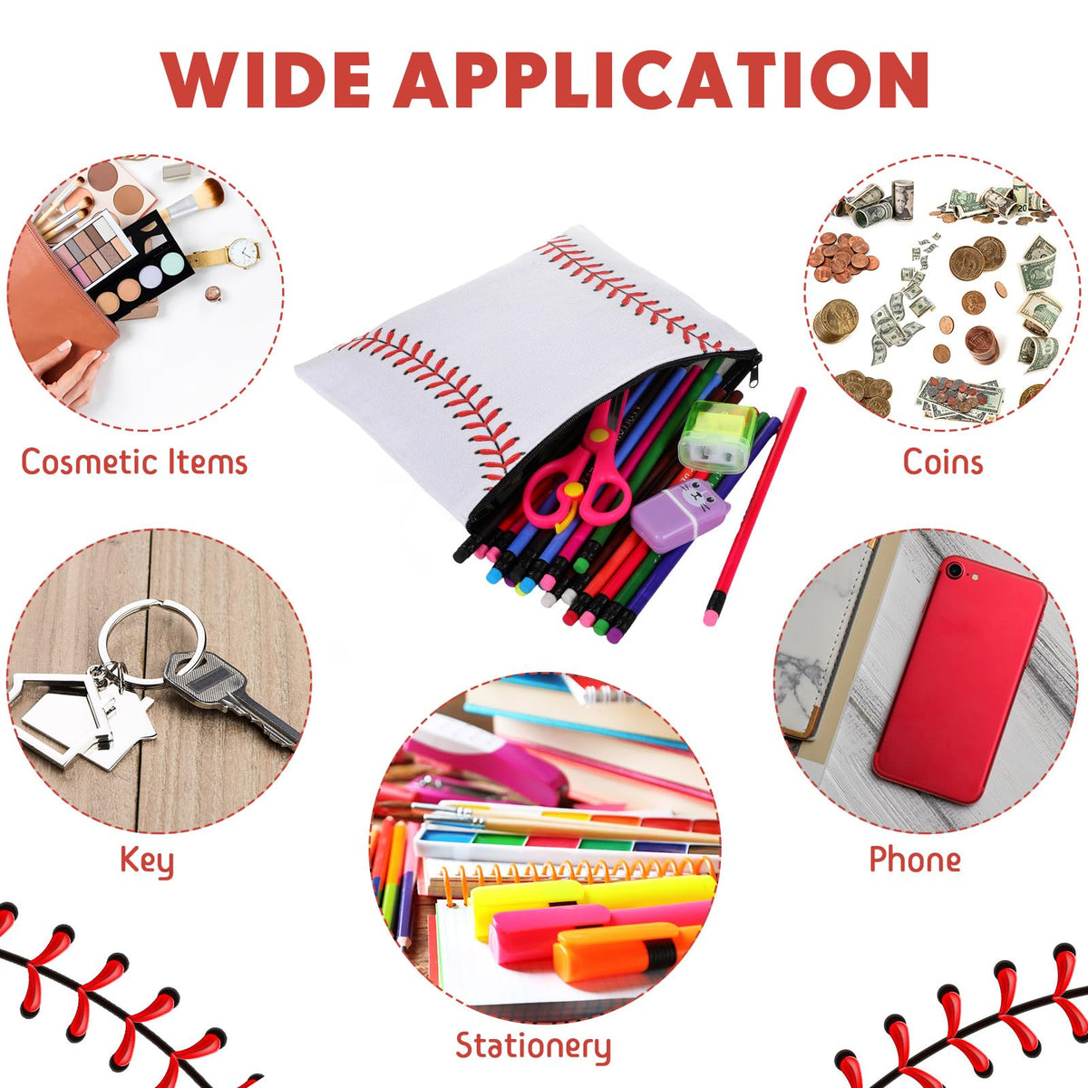 Eccliy baseball canvas makeup bag pattern, versatile as pencil case or small storage pouch.