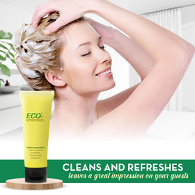 72-pack bulk display of ECO Amenities shampoo and conditioner for hotel inventories.