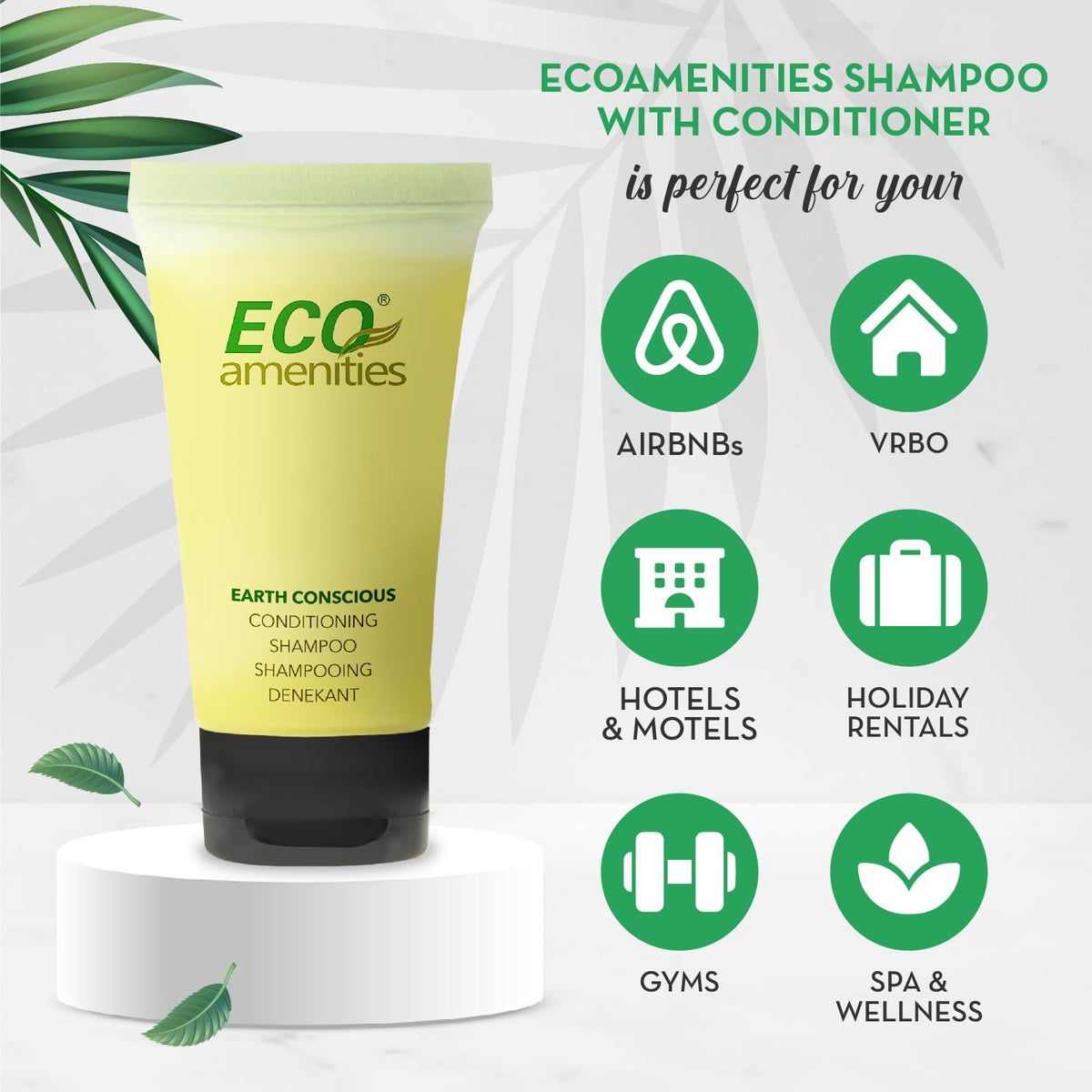 ECO amenities cruelty-free formula highlighted with a symbol on packaging.