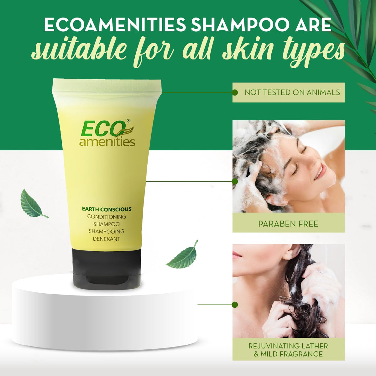 ECO amenities green tea scented packaging conveys fresh, unisex fragrance for travelers.