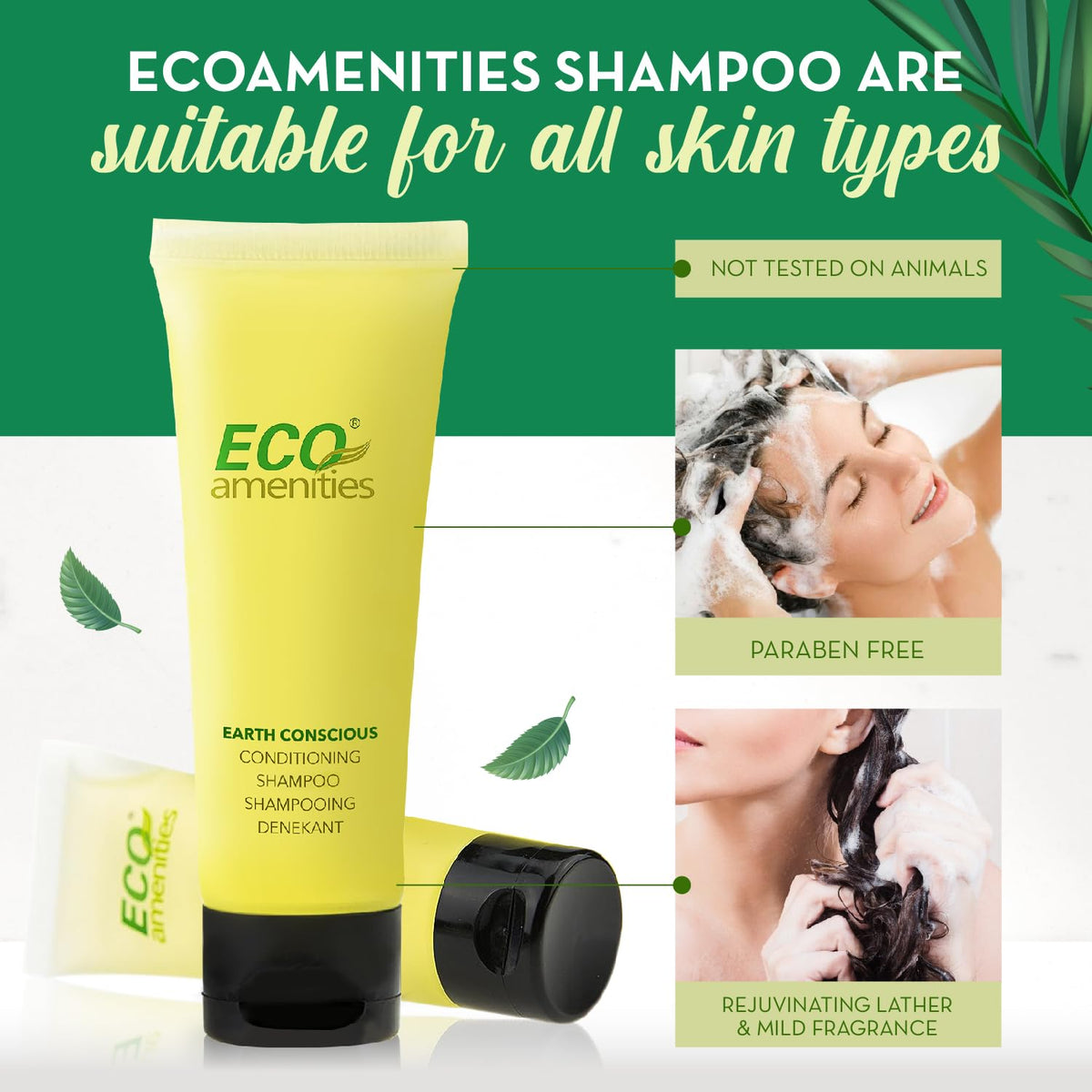 Green tea scent highlights ECO Amenities toiletries in a quiet hotel washroom.