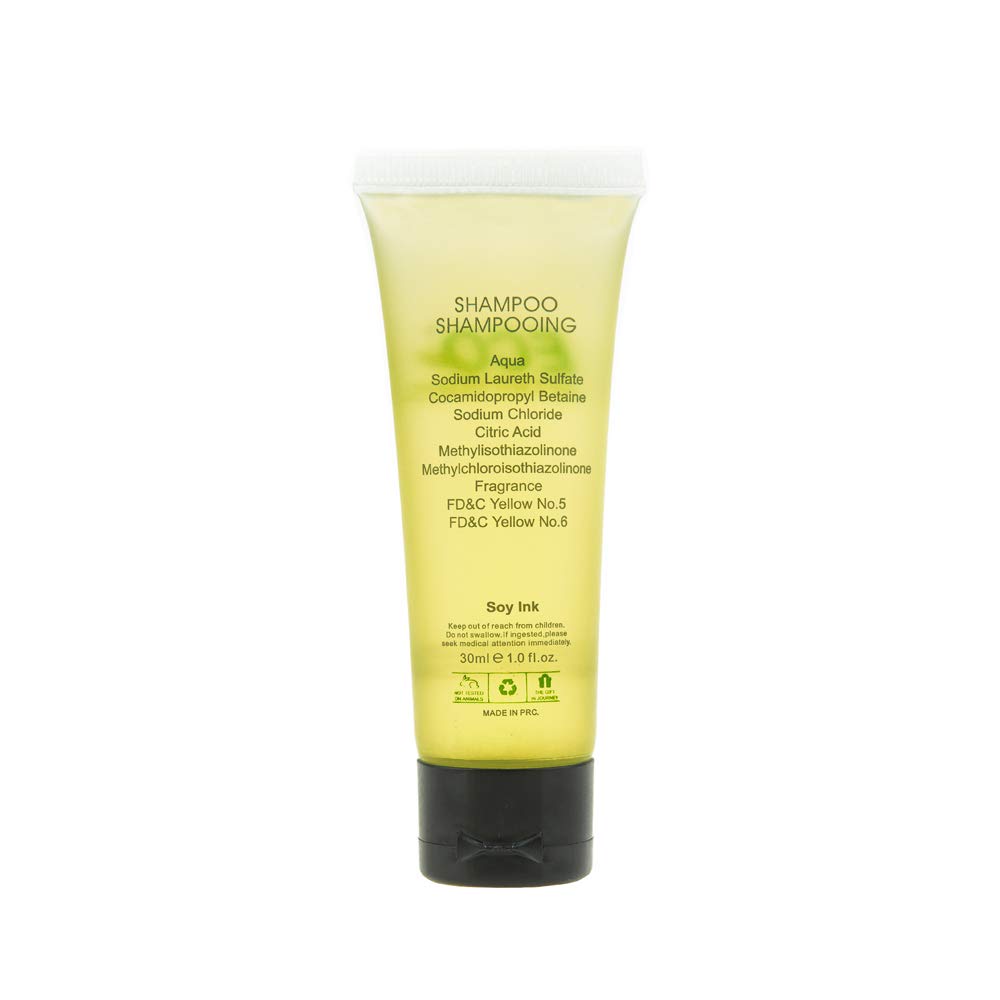 Leak-proof flip-cap design on ECO amenities shampoo mini bottles