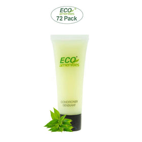 Close-up of travel-size ECO amenities conditioner tubes, TSA-friendly