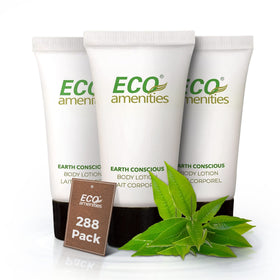 Eco Amenities travel-size lotion tubes with twist caps, ideal for hotels and Airbnbs
