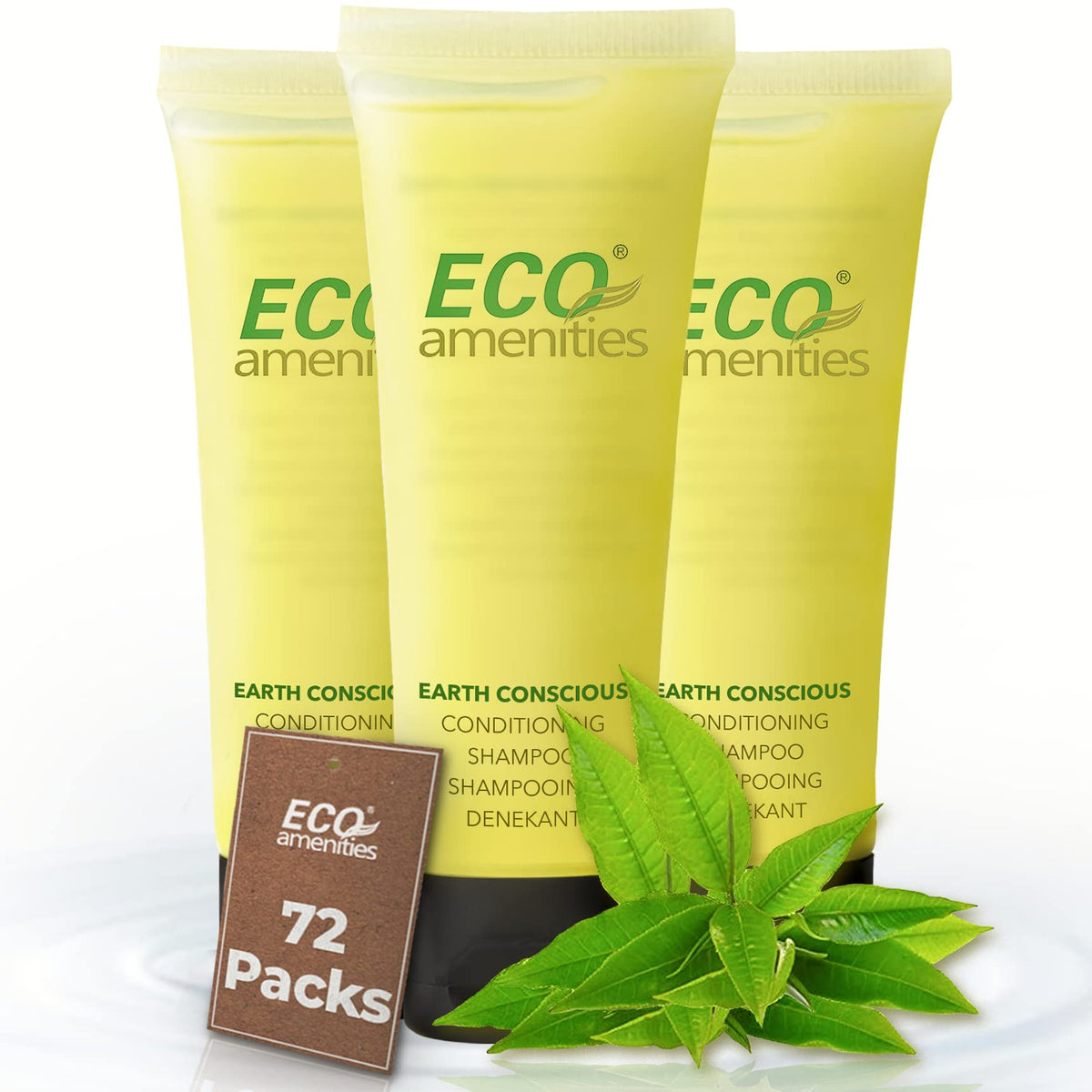 ECO Amenities travel-size shampoo bottle with green tea scent for guest refreshment in hotel rooms.