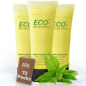 ECO Amenities travel-size shampoo bottle with green tea scent for guest refreshment in hotel rooms.
