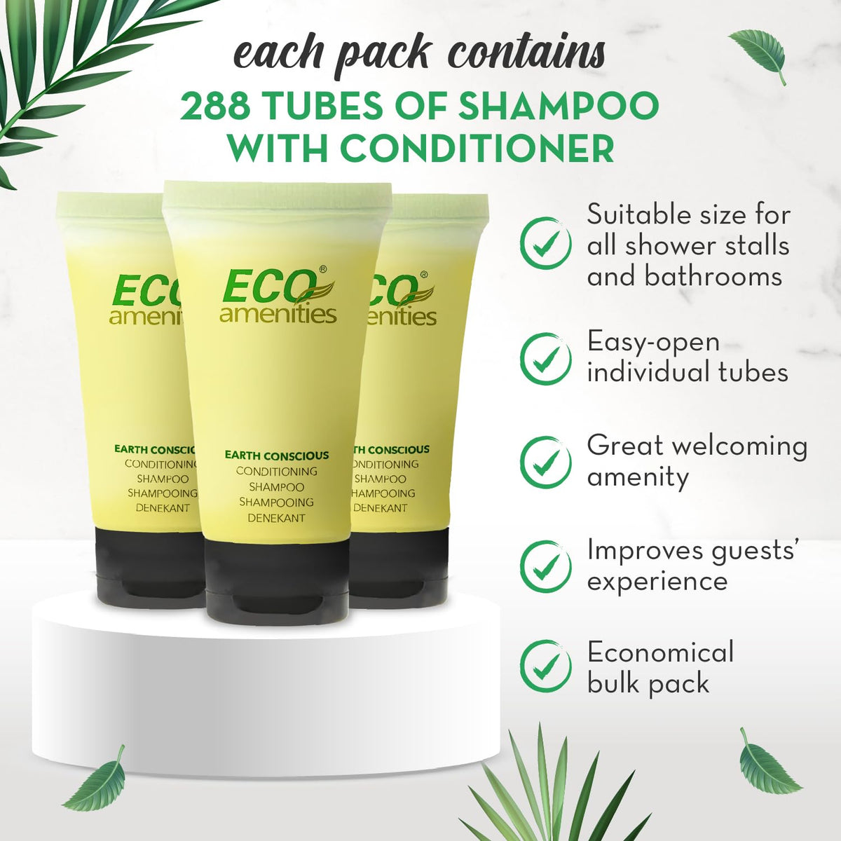 ECO amenities travel size shampoo tubes easy to pack for trips and hotels.