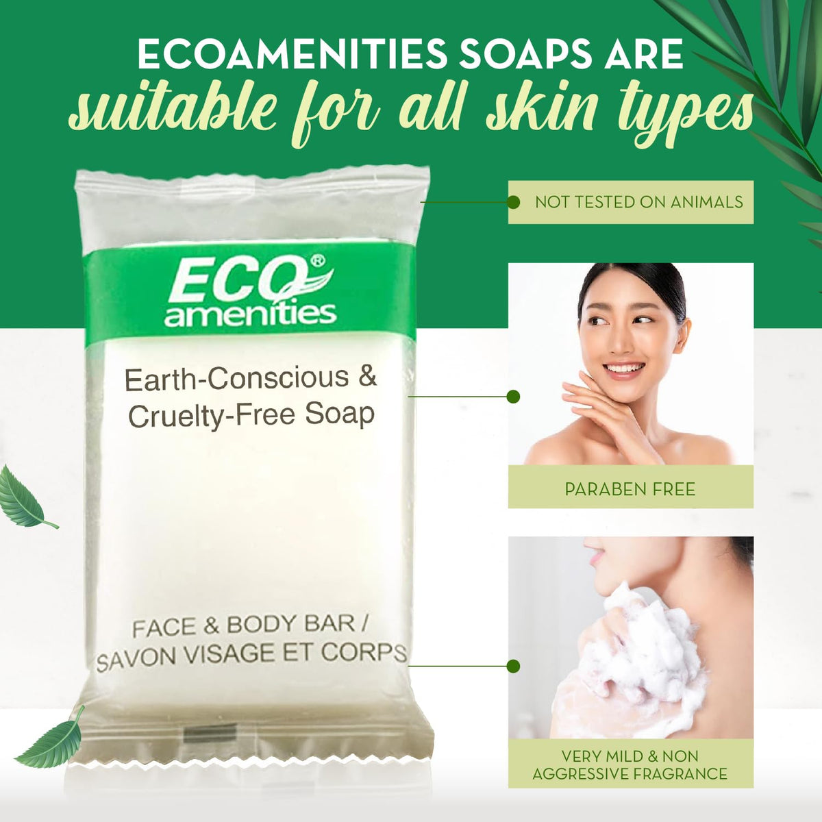 Cruelty-free packaging of Eco Amenities soap bars supports responsible hospitality