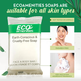Cruelty-free packaging of Eco Amenities soap bars supports responsible hospitality