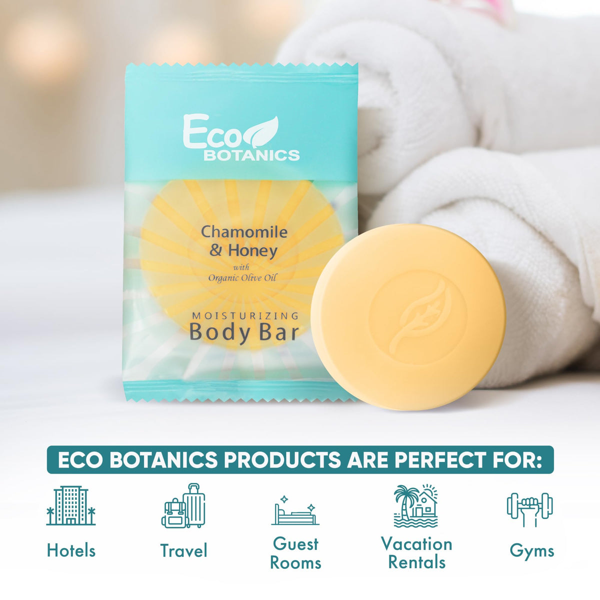 Eco Botanics 100-count soap bars arranged for easy housekeeping inventory.