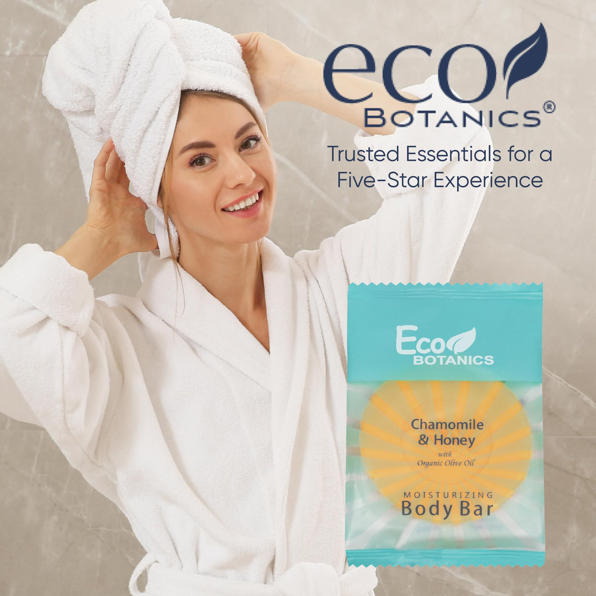 Hospitality amenities in use with Eco Botanics for bathroom presentation.