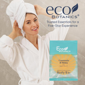 Hospitality amenities in use with Eco Botanics for bathroom presentation.