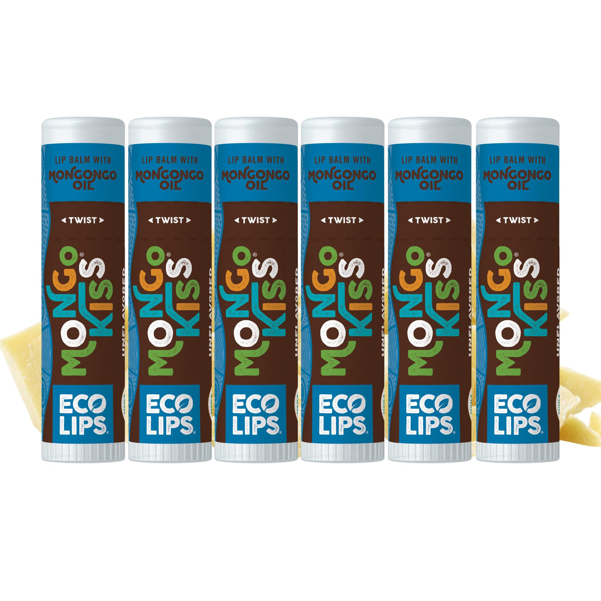 Eco Lips Mongo Kiss 6-pack tubes deliver long-lasting moisture for dry lips.