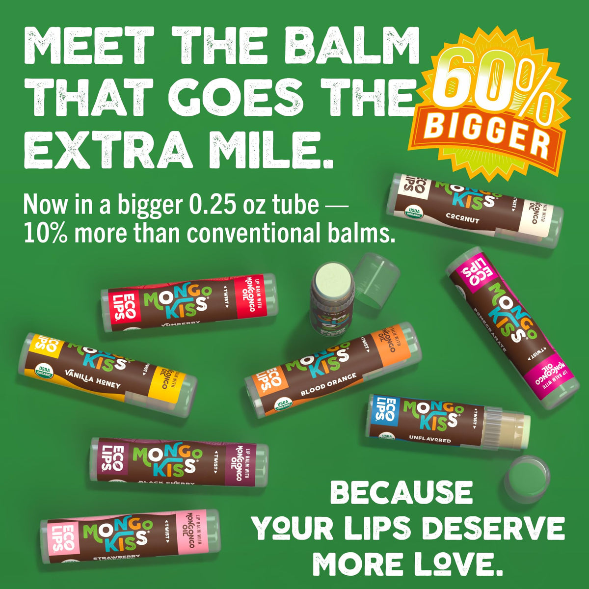 Cocoa butter and mongongo oil ingredients visible on Eco Lips packaging.