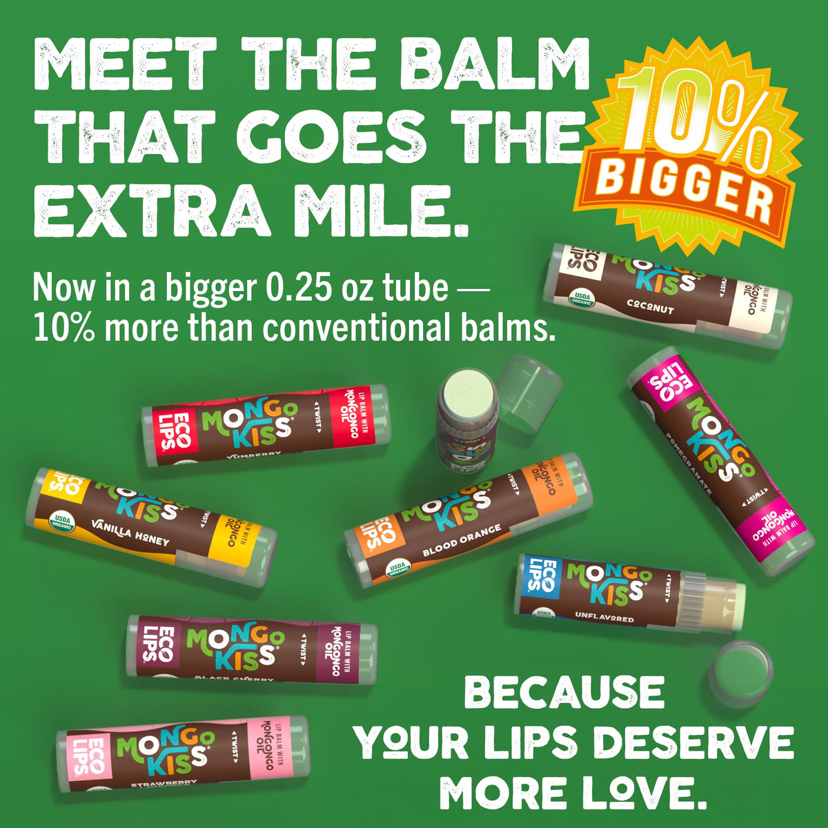 Organic beeswax and cocoa butter in Eco Lips Mongo Kiss packaging for nourishment.