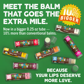Organic beeswax and cocoa butter in Eco Lips Mongo Kiss packaging for nourishment.