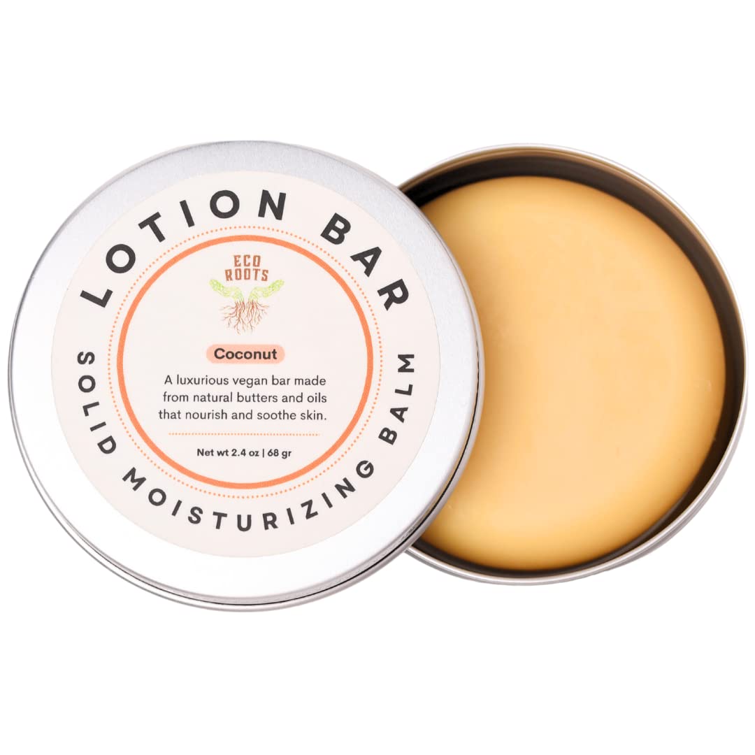 ECO ROOTS solid lotion bar packaging in a zero-waste tin, showcasing sustainable design