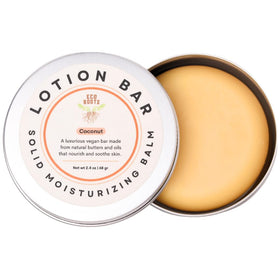 ECO ROOTS solid lotion bar packaging in a zero-waste tin, showcasing sustainable design