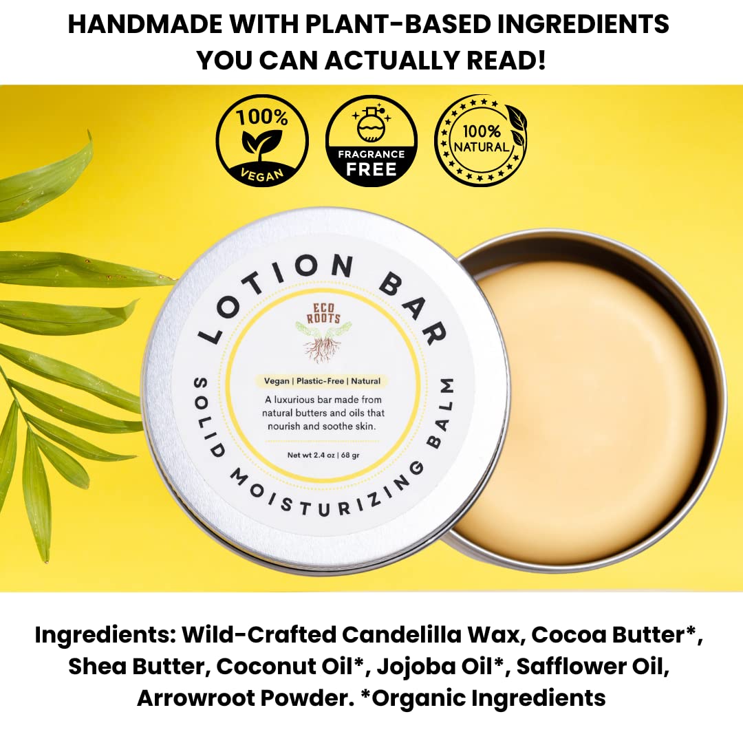 Eco Roots solid moisturizer being applied to hands for dry, sensitive skin care.