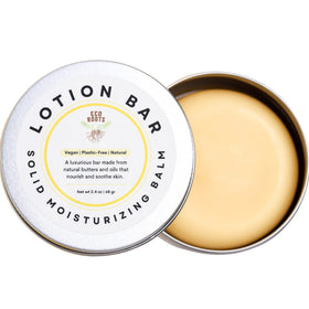 Eco Roots vegan lotion bar in a reusable tin for travel-ready moisture.