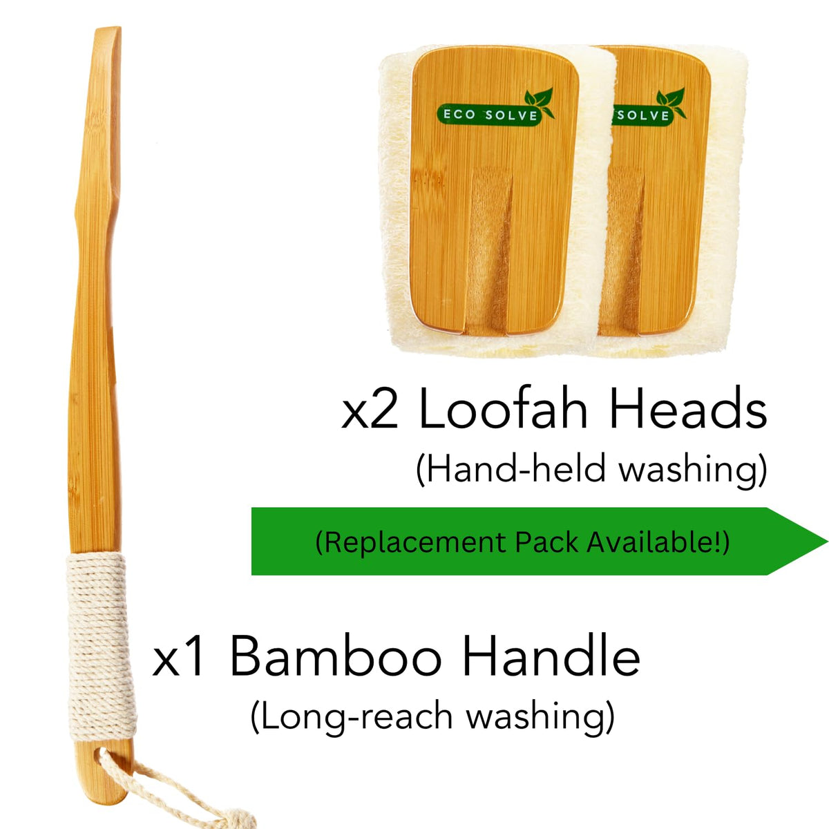 Eco Solve detachable loofah head enables precise, close-body washing.