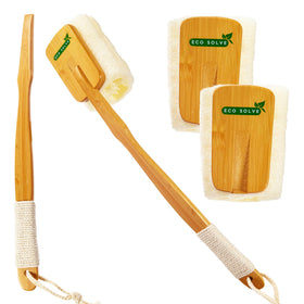 Eco Solve natural loofah shower scrubber with bamboo handle for full-body exfoliation.