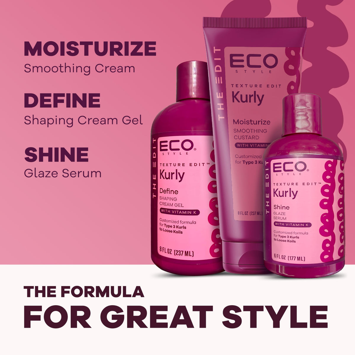 Eco Style Texture Edit Kurly definition shot showcases curl pattern enhancement.