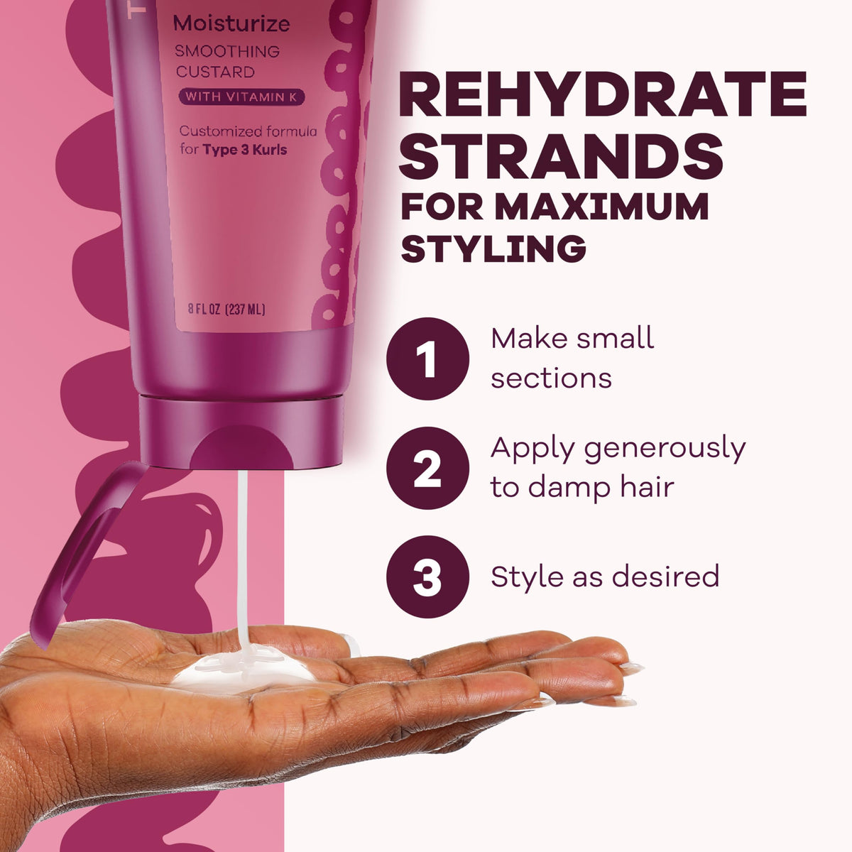 Eco Style Texture Edit Kurly cream close-up on hair strands shows nourishment and shine.