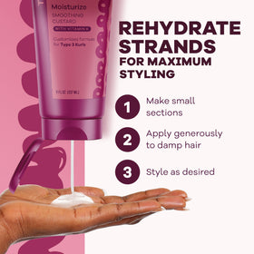 Eco Style Texture Edit Kurly cream close-up on hair strands shows nourishment and shine.