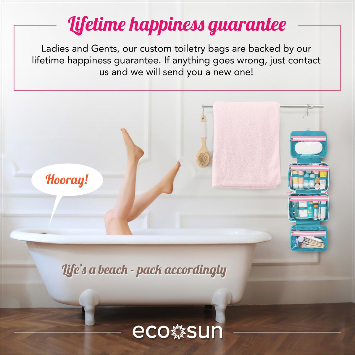 Eco Sun hot pink toiletry bag compact design ideal for carry-on packing.